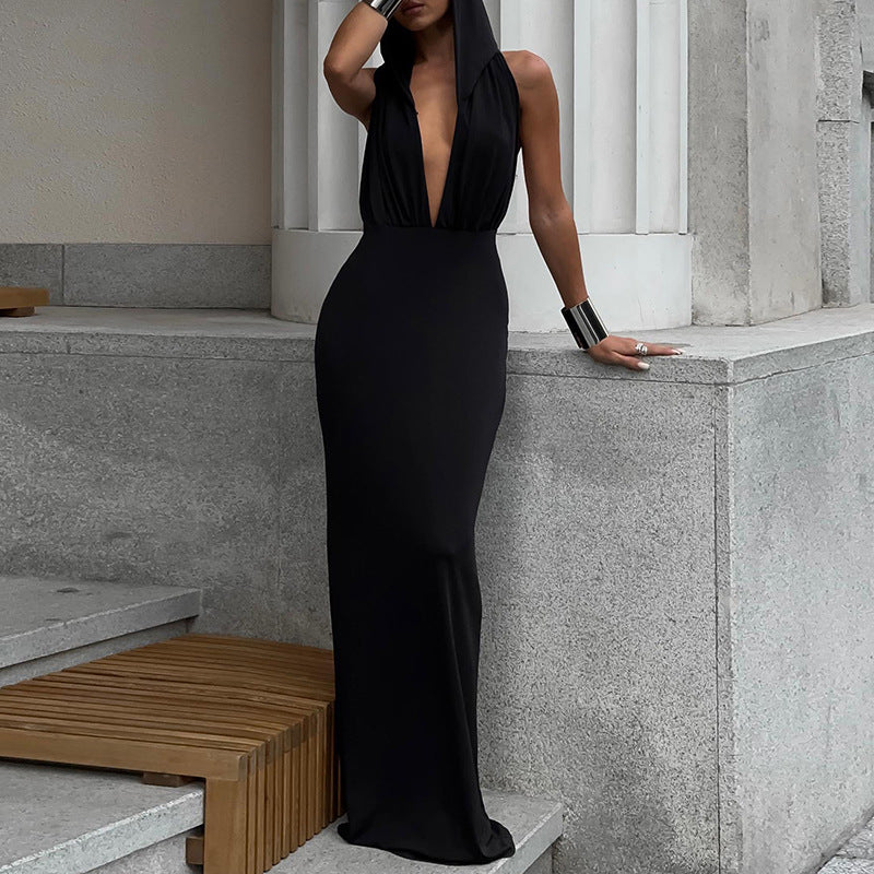 Black Sexy V neck Backless Hooded Slim Fit Dress