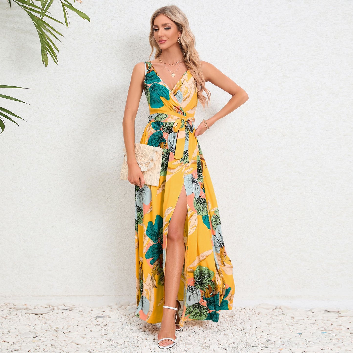 Summer Women Clothing Pairs V Neck Sleeveless Slit Printed Long Strap Dress Women