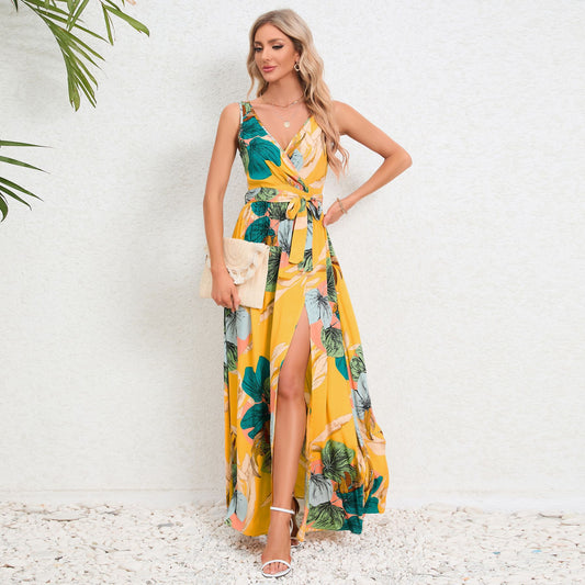 Summer Women Clothing Pairs V Neck Sleeveless Slit Printed Long Strap Dress Women