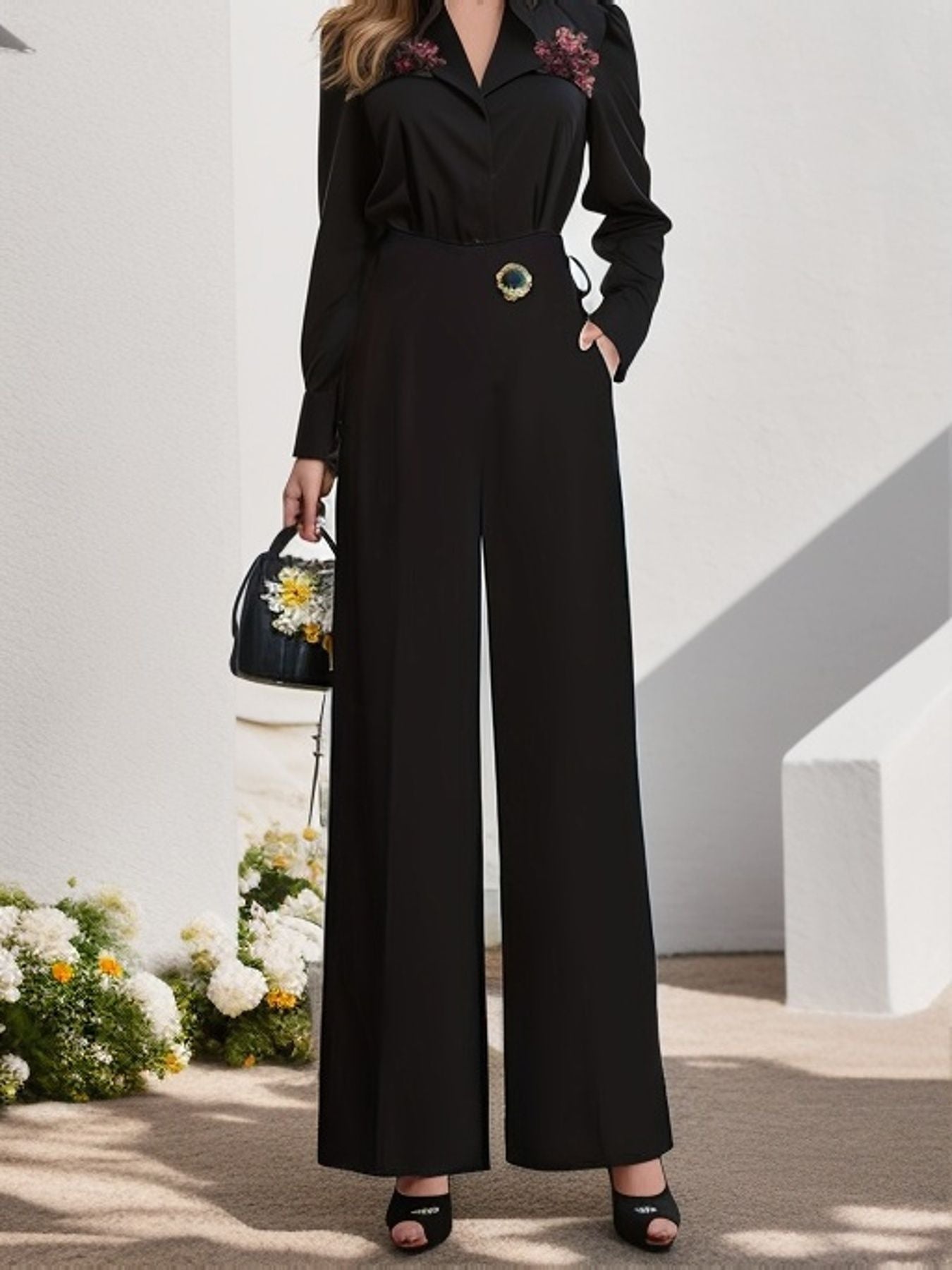 Solid Color High Waist Drooping Casual Wide Leg Pants