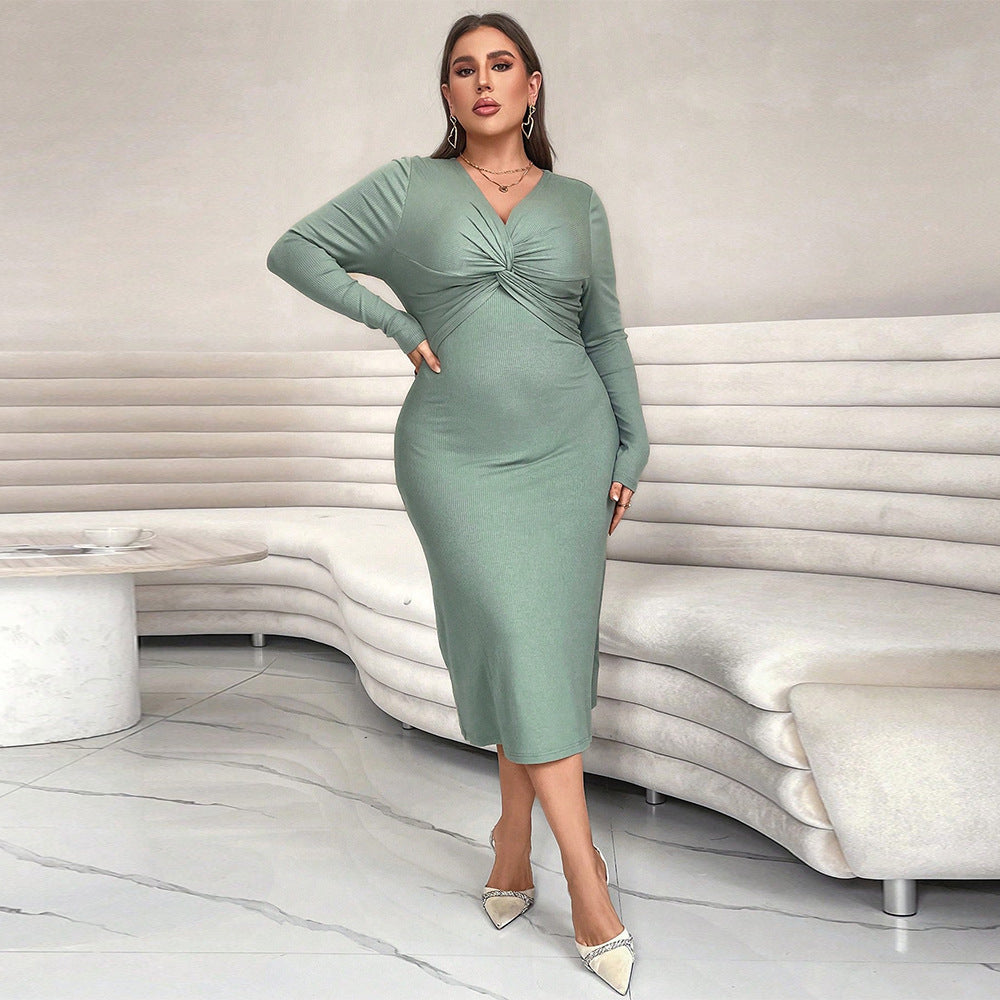 Plus Size Long Sleeve Cross Collar Slim Fit Fishtail Midi Dress