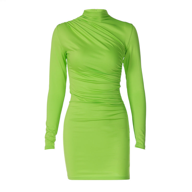 Ruched Solid Color Bodycon Slim Hip Mini Dress