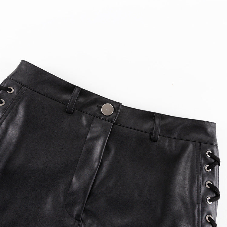 Faux Leather Skirt Lace-up Split Skirt Women Sexy Black Short Sheath Skirt