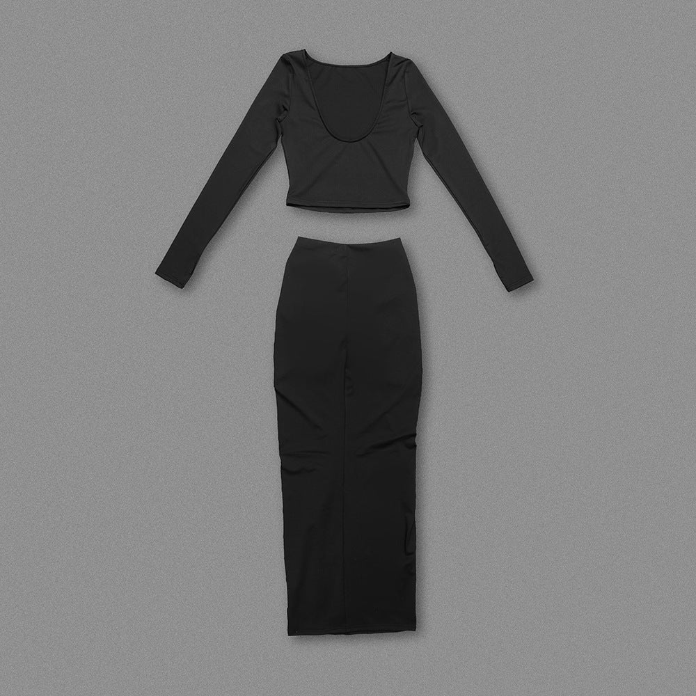 Spring Black Long Sleeve Backless Gathers Two Piece Stretch Slim Fit Women Clothing Casual Suit