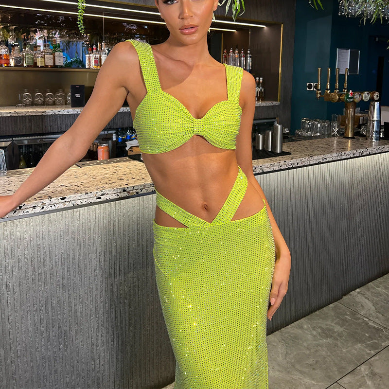 Summer Casual Party Sequin Sling Vest Sexy Cropped Fishtail Skirt Set
