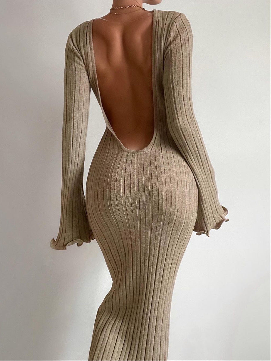 Sexy Bodycon Women Clothing Ruffled Long Sleeve Knitted Maxi Dress