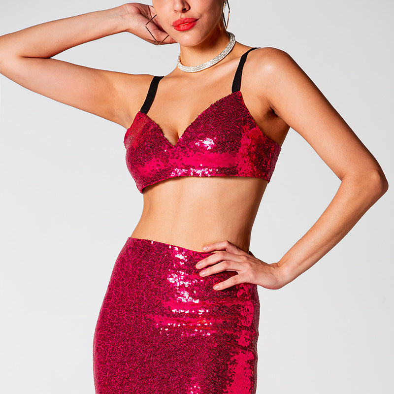 Summer Sexy Red Dress Sling Short Top High Waist Sequined Two Piece Set