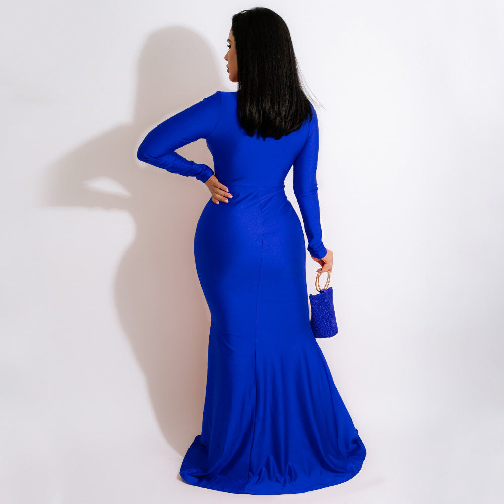 Women Solid Color Sexy V neck Split Sheath Maxi Dress