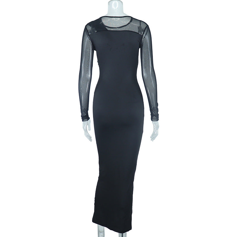 Round Neck Mesh Stitching Long Sleeves Mid Length Tight Dress