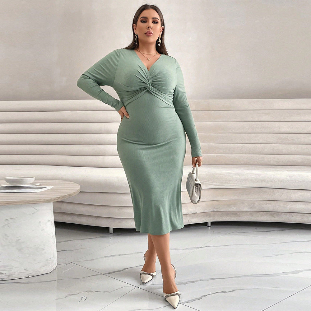 Plus Size Long Sleeve Cross Collar Slim Fit Fishtail Midi Dress