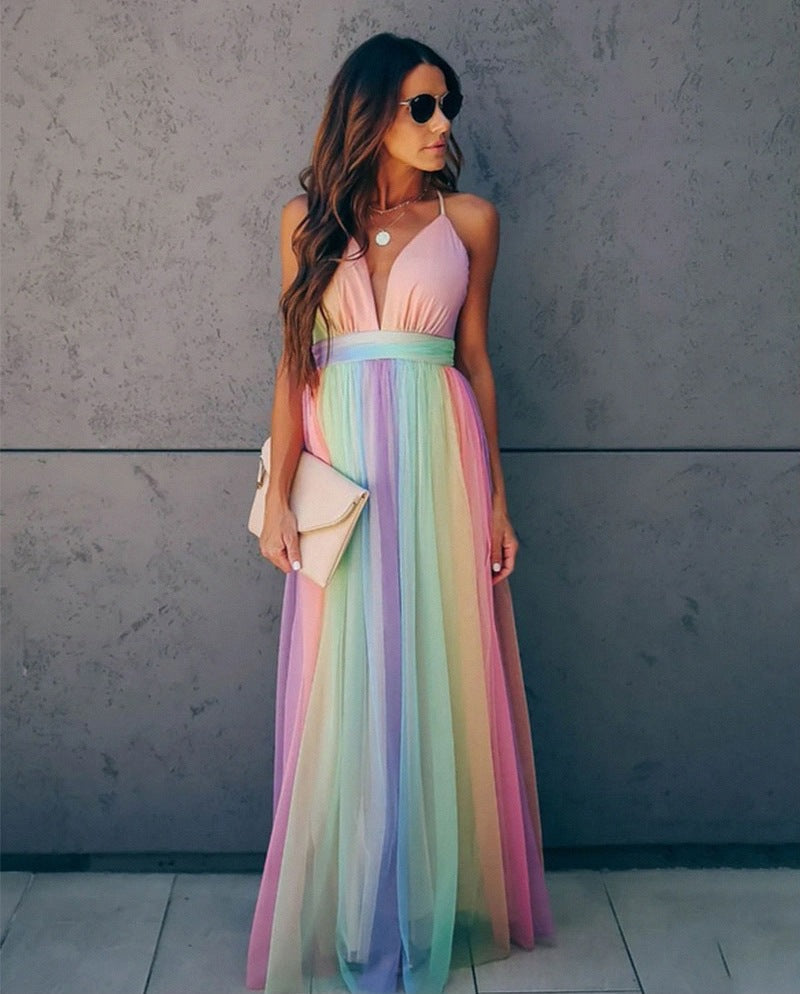 Spring Summer Women Sexy Suspenders Deep V Plunge Rainbow Mesh Camisole Dress