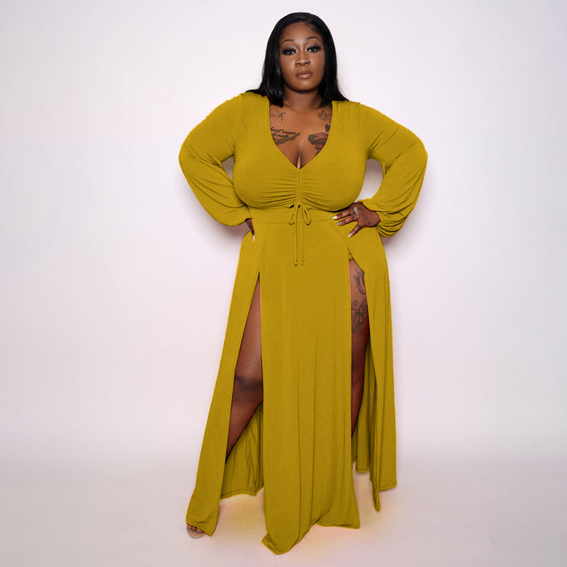 Plus Size Sexy Deep V Plunge Neck, Long Sleeve Slit Dress