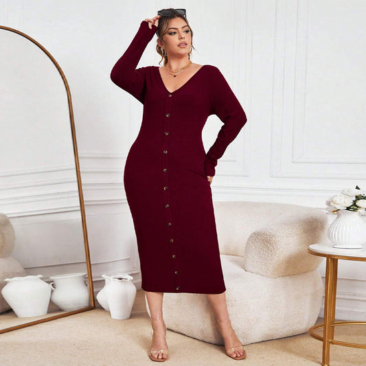 Plus Size Sexy Knitted V neck Maxi Dress