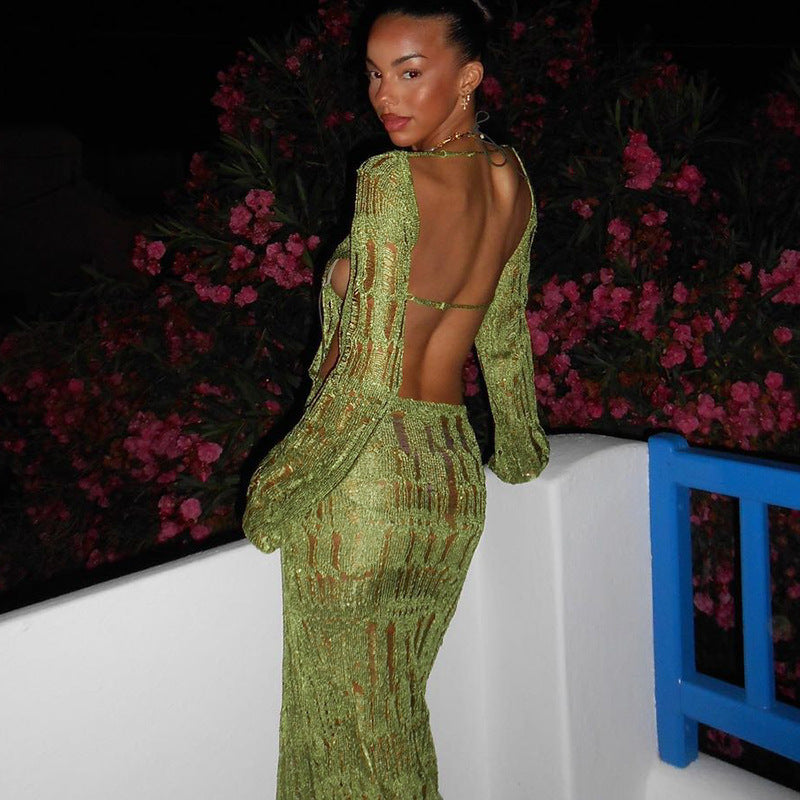 Sexy Backless Cutout See Through Long Sleeve Slim Long Maxi Dress