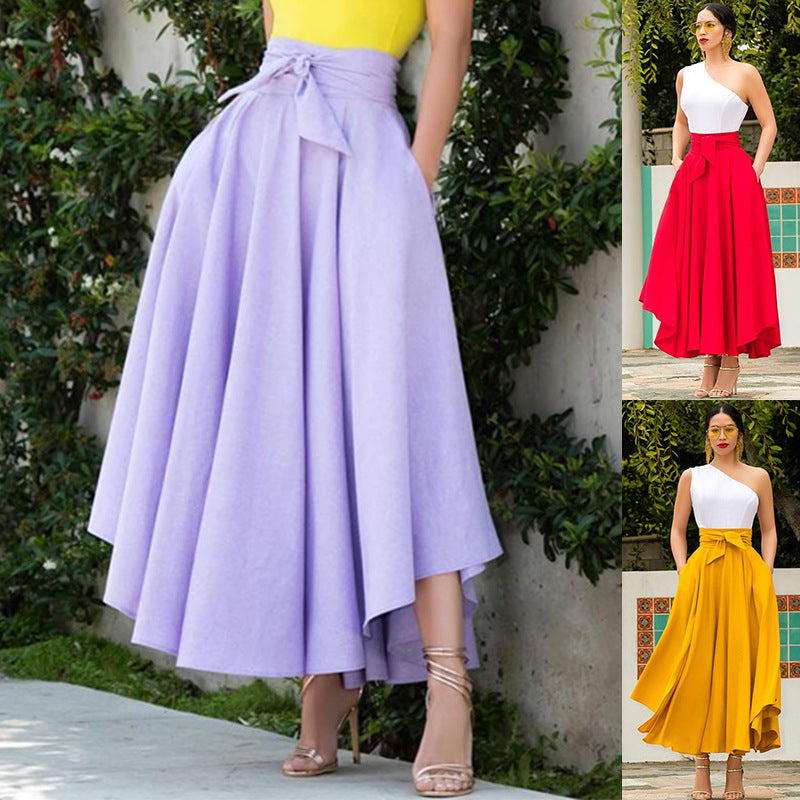 Summer Elegance Retro Solid Color Wide Hem Skirt