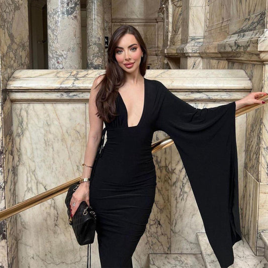 One Shoulder Sleeve Sexy Low Cut Backless Evening Dress for Women