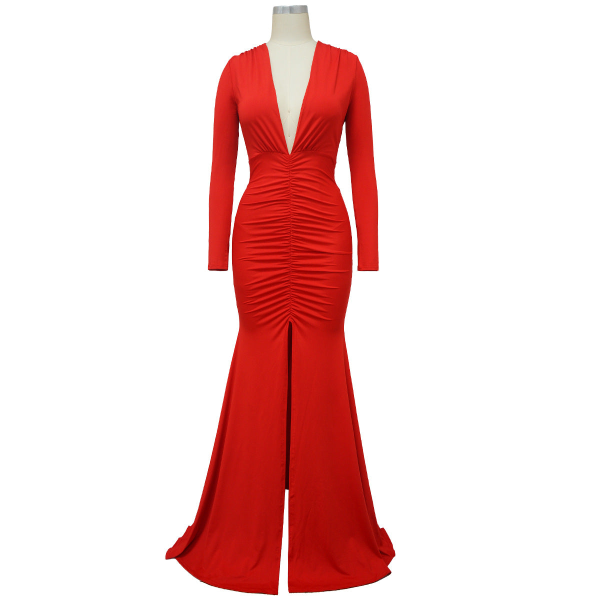 Women Solid Color Sexy V neck Split Sheath Maxi Dress