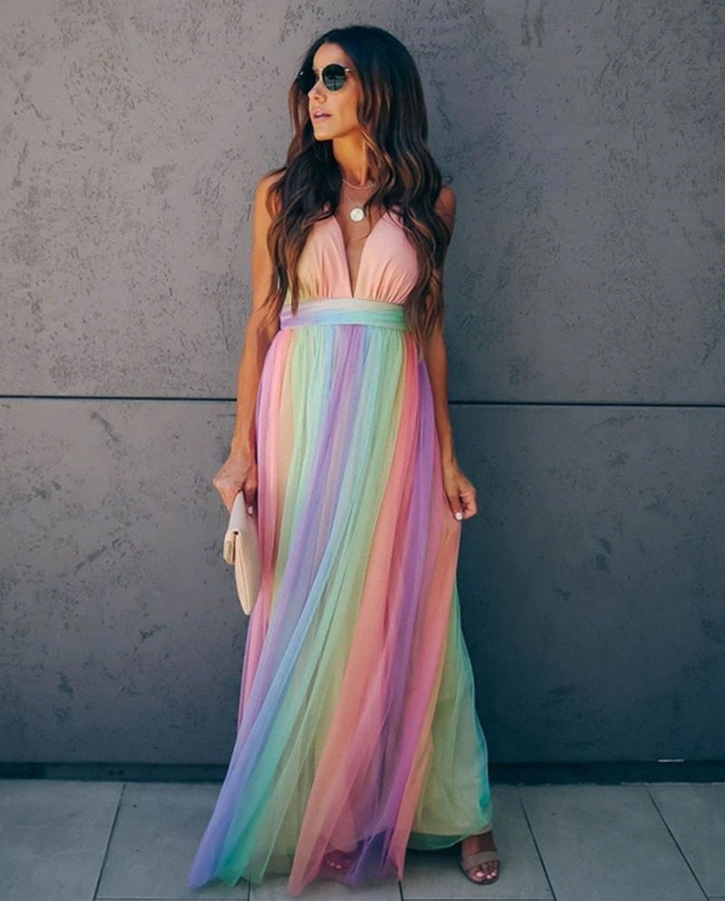 Spring Summer Women Sexy Suspenders Deep V Plunge Rainbow Mesh Camisole Dress