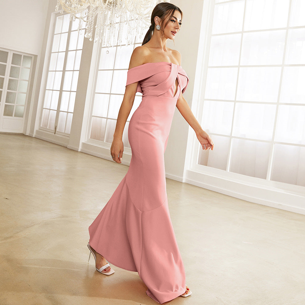 off-Neck Sleeveless Elegant Slim-Fit Long Solid Color Cocktail Bridesmaid Dress Evening Dress Ruffle