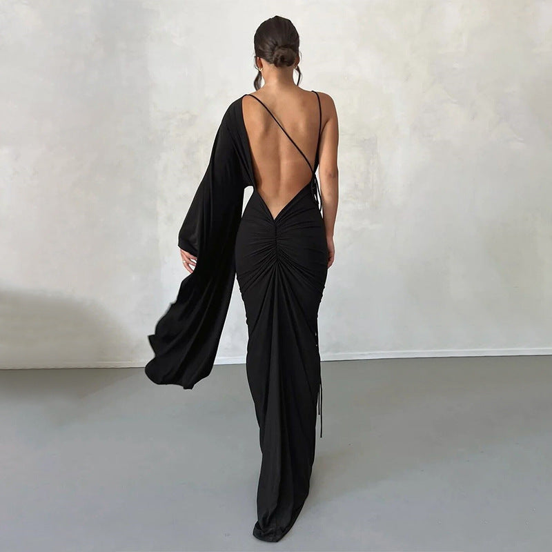 Summer Women   Clothing One Shoulder Sleeve Sexy Low Cut Backless Evening Dress for Women