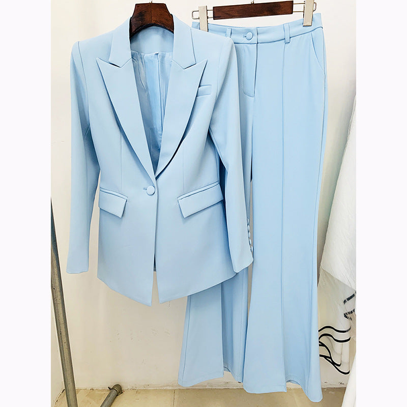 One Button Cloth Cover Mid Length Bell Bottom Pants Set