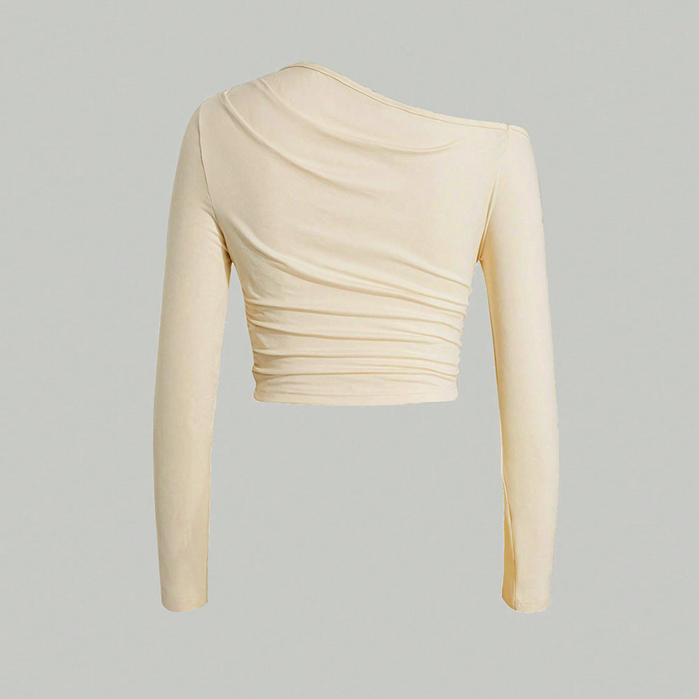 Sexy Pure Slant Shoulder Knitted Slim Pleated Long Sleeve Top