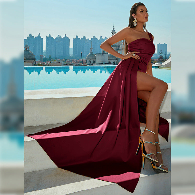 Summer Dress Women Sexy One Shoulder off Neck Ball Party Split Evening Dress