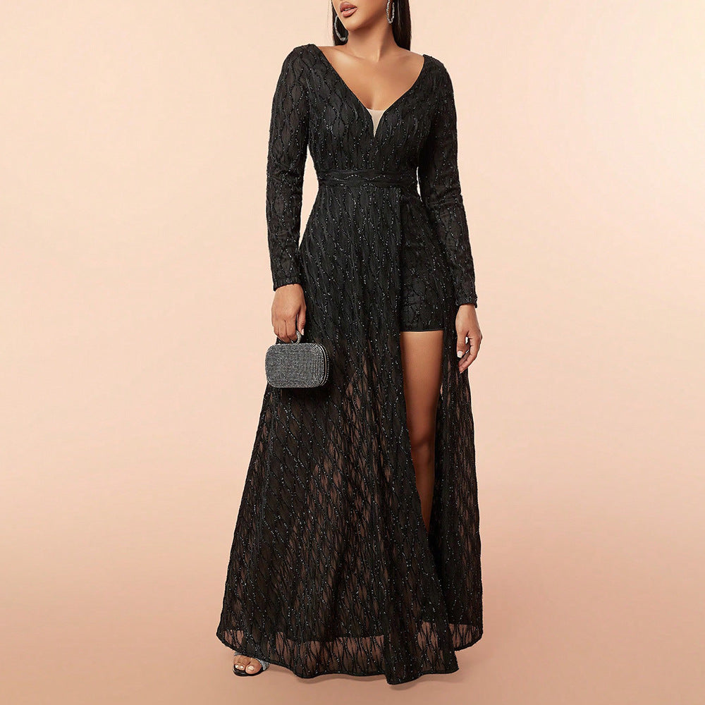 Spring Summer Elegant Dress Deep V Plunge Mesh Sequ Long Sleeve Cocktail Dress