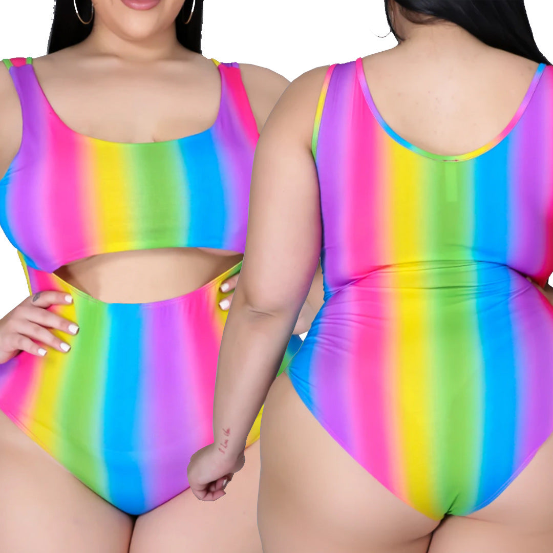 Plus Size Women Sexy Rainbow Striped Hollow Out Cutout One Swimsuit Dress Two-Piece Set