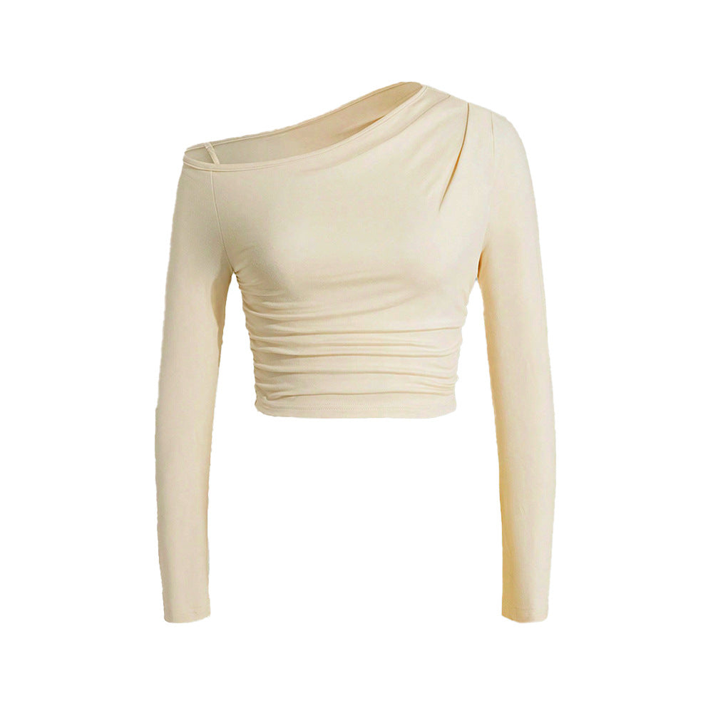 Sexy Pure Slant Shoulder Knitted Slim Pleated Long Sleeve Top