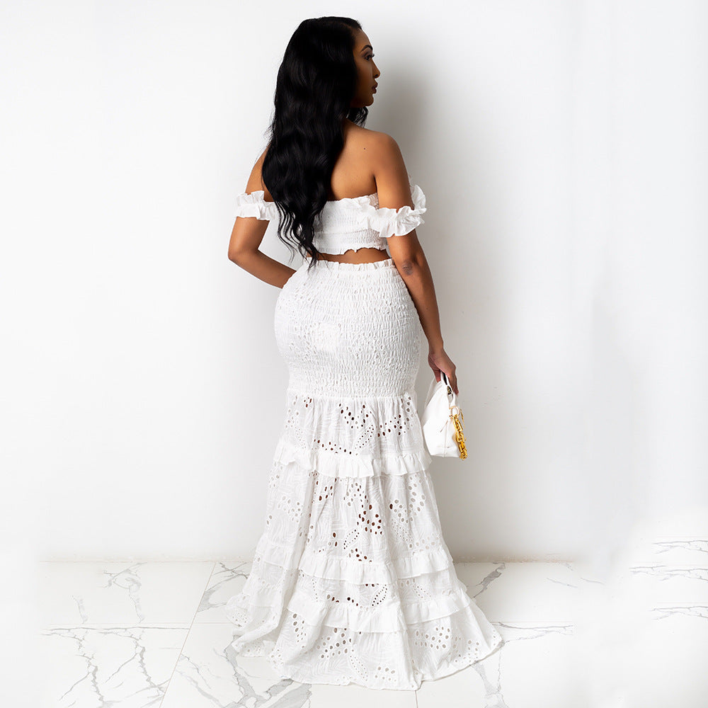 Spring And Summer Two-Piece Set Wrapped Chest Fishtail Mid-Waist Lace Maxi Dress