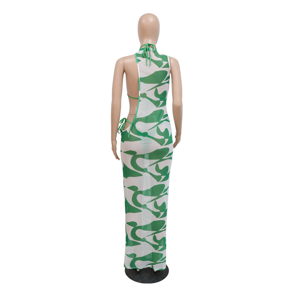 Women Clothing Summer Digital Printing Irregular Asymmetric Mesh Dress Bikini Three Piece Set