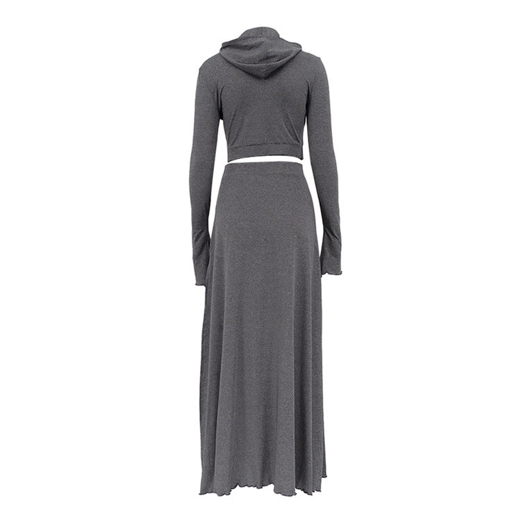 Women Clothing Short Hood Top High Waist Side Slit Unique Skirt Spring Autumn Two Piece Set Women