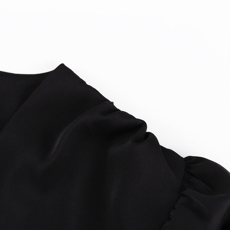 French Puff Sleeve High Waist Dress V Neck Sexy Black Mini Dress