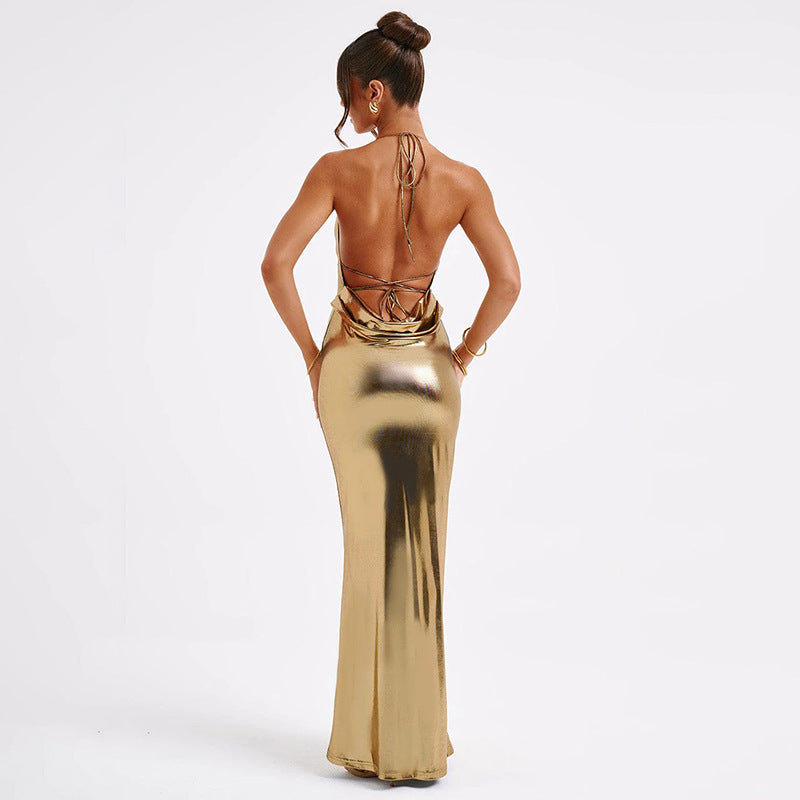 Sexy Backless Halter Lace Up Bodycon Maxi Dress