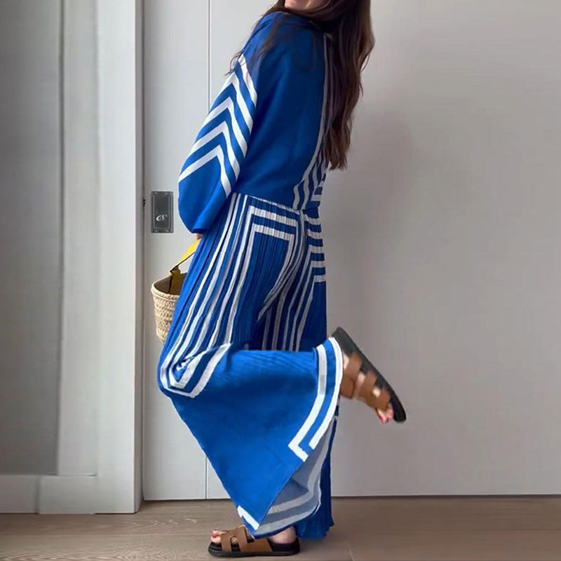 Spring Women Clothing Printed Long Sleeved Shirt Pleated Straight Wide Leg Pants Set