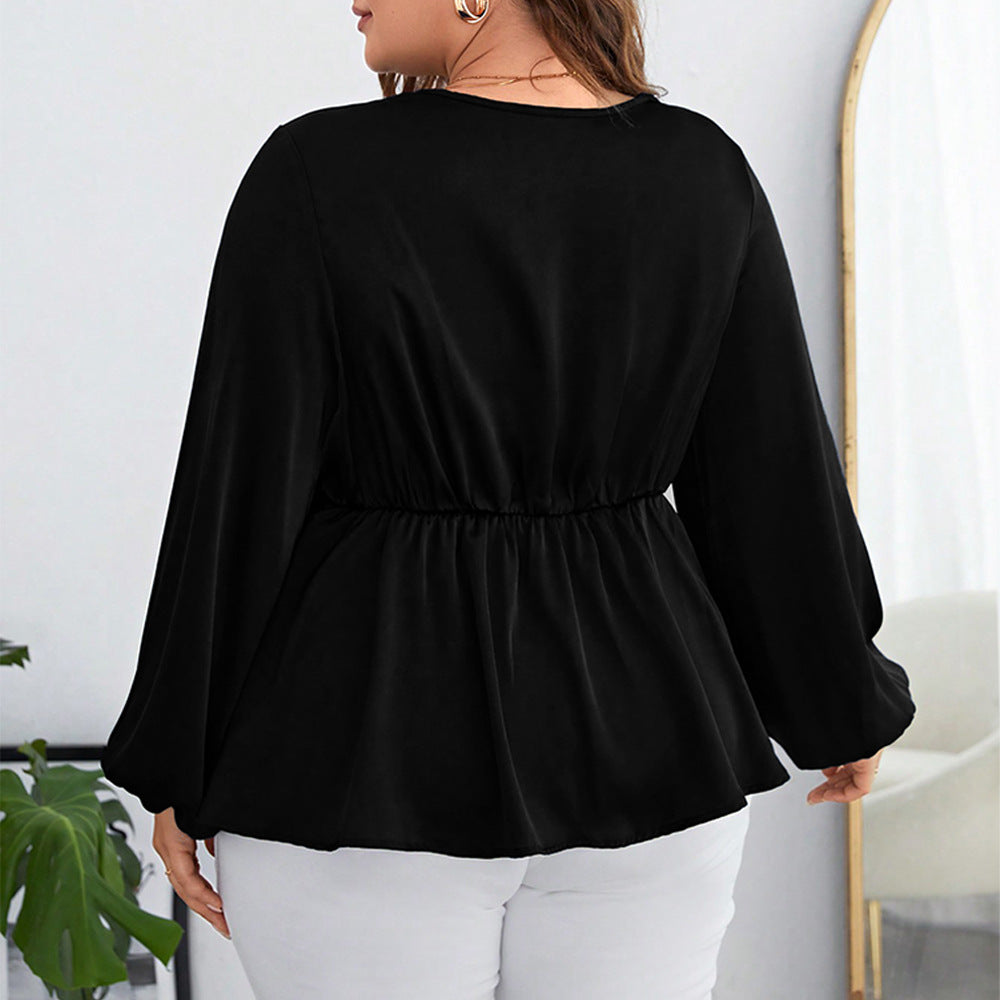 Plus Size Chiffon Long Puff Sleeves V Neck Top