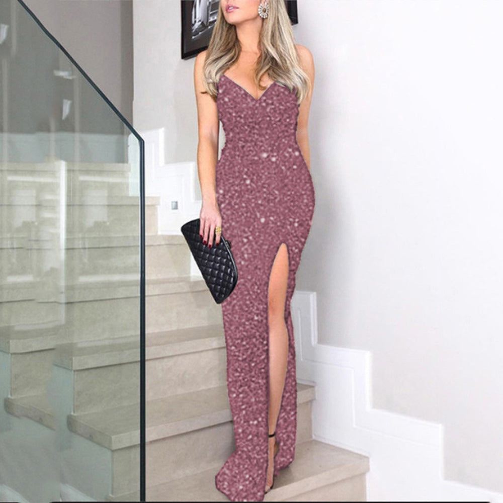 Summer Women Clothing High Waist Sexy Dress Sequined Suspender Slit Formal Dress