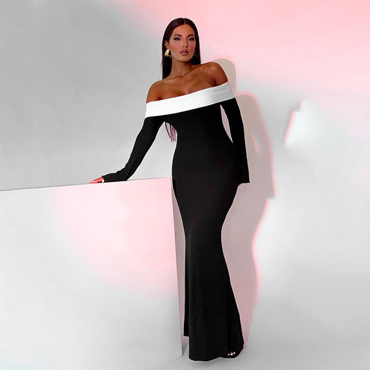 Sexy Elegant Bodycon Off The Shoulder Contrasting Color Black and White Dress