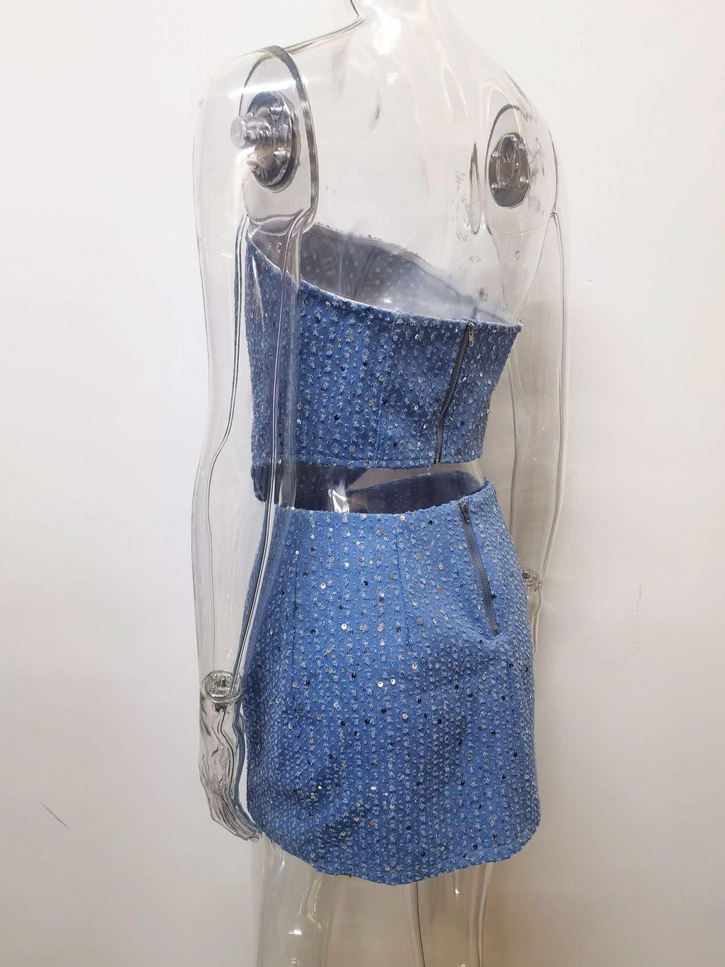 Spring Summer Denim With Hole Sequined Tube Top Set