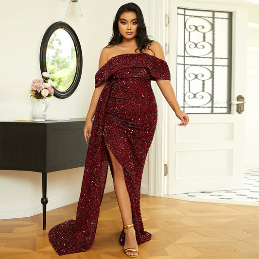 Plus Size Off The Shoulder Sequined Maxi Evening Dress