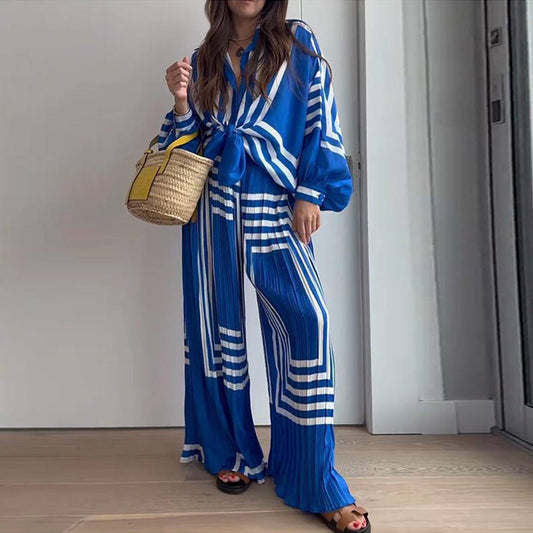 Spring Women Clothing Printed Long Sleeved Shirt Pleated Straight Wide Leg Pants Set
