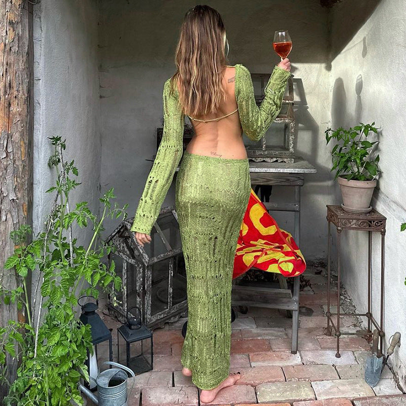 Sexy Backless Cutout See Through Long Sleeve Slim Long Maxi Dress