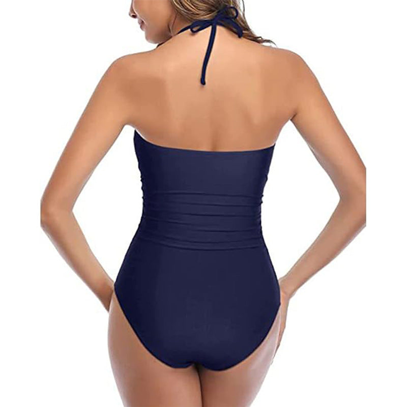 Slim Sexy Push Up Flab Hiding Halter Lace Up One Piece Double Shoulder Strap Swimsuit