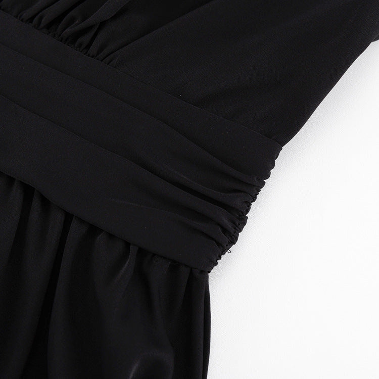 French Puff Sleeve High Waist Dress V Neck Sexy Black Mini Dress