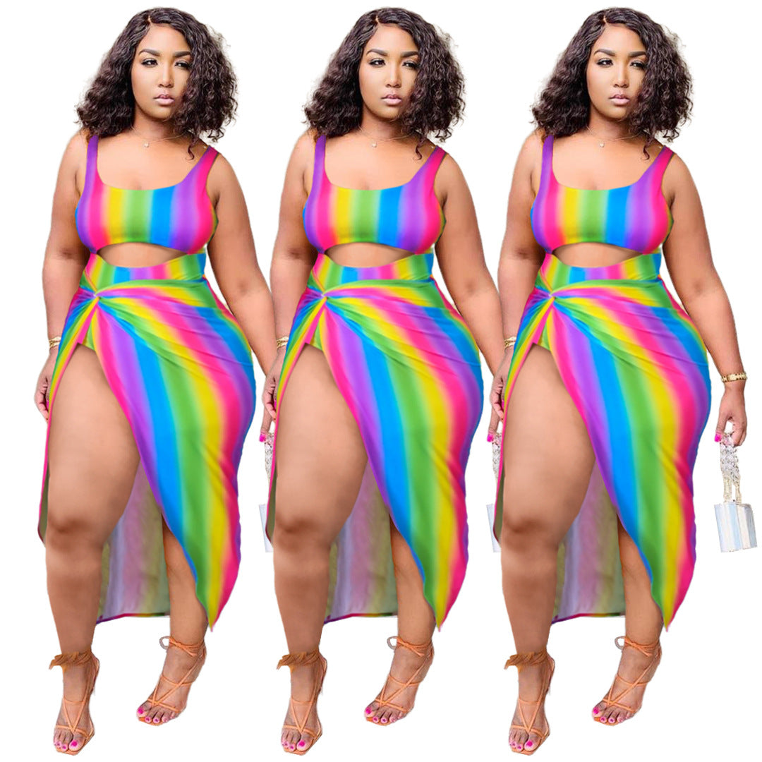 Plus Size Women Sexy Rainbow Striped Hollow Out Cutout One Swimsuit Dress Two-Piece Set