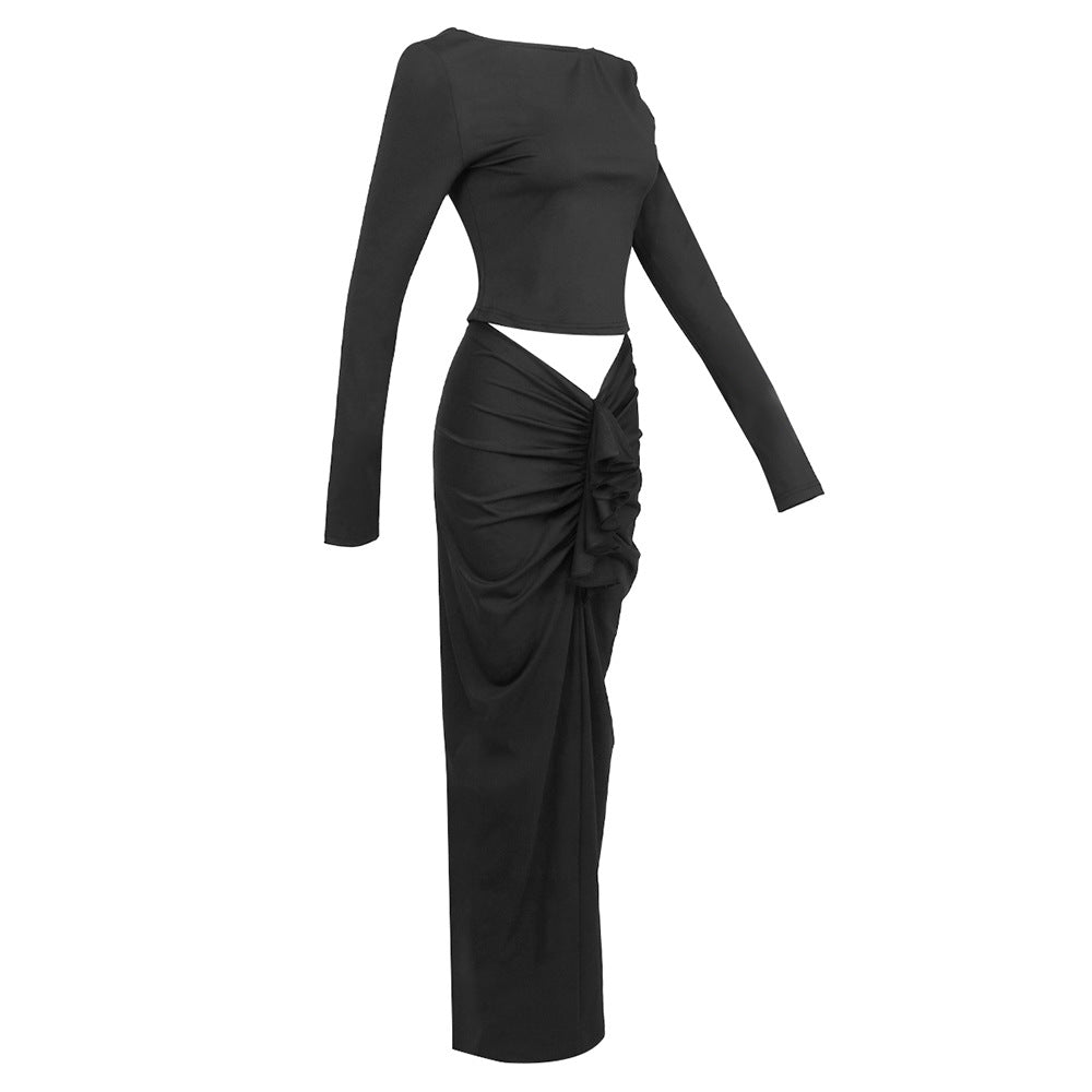 Spring Black Long Sleeve Backless Gathers Two Piece Stretch Slim Fit Women Clothing Casual Suit