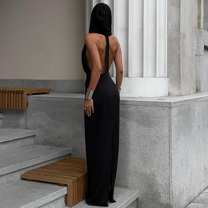 Black Sexy V neck Backless Hooded Slim Fit Dress