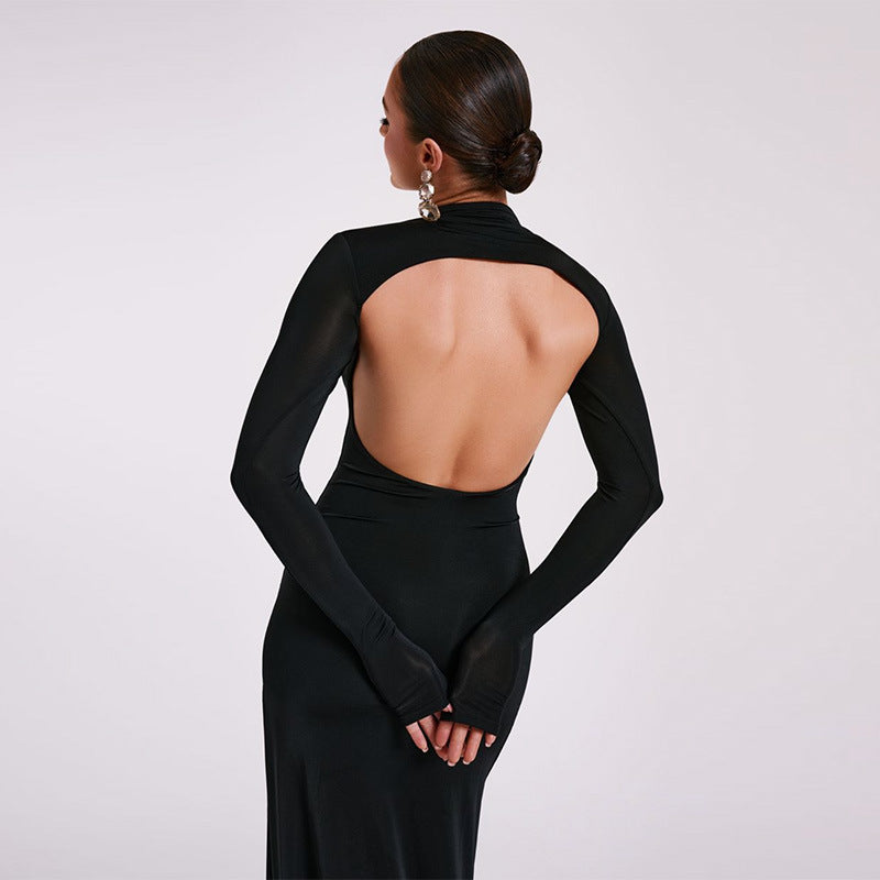 Spring Women Long Sleeve High Neck Sexy Backless Slit Maxi Dress Dress