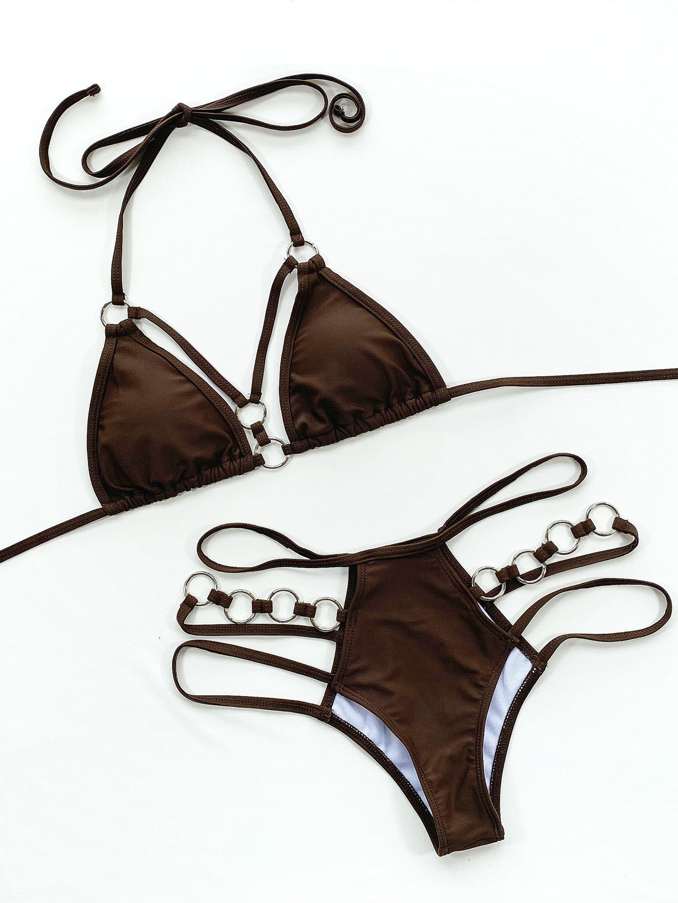 Single Swimsuit Solid Color Bikini Women Seperated Swimwear Triangle Steel Ring Bikini